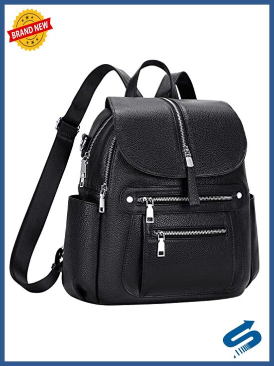 Genuine Leather Fashion Backpack with Multi Pockets and Flap, Shoulder Strap,